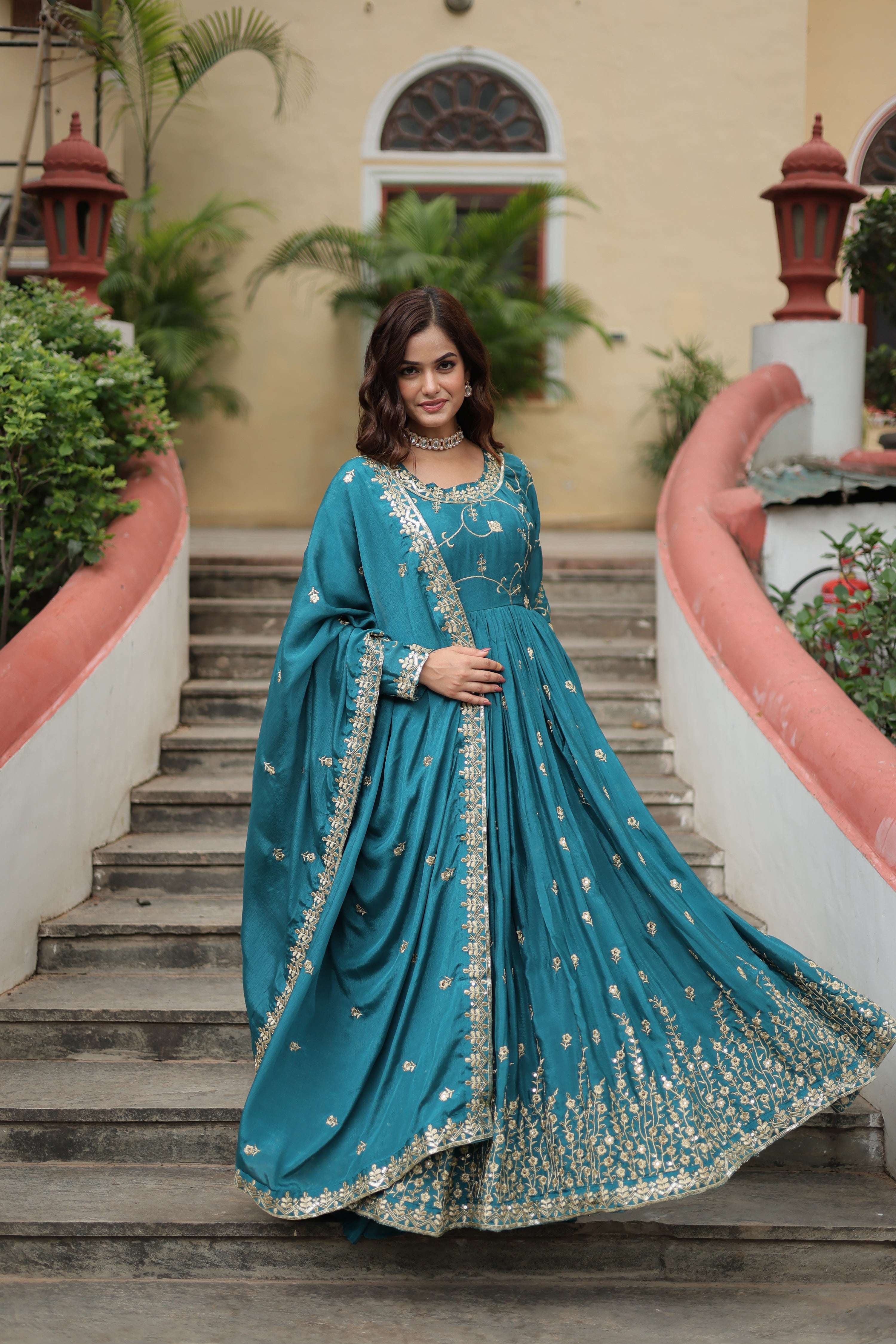 Jyoti Fashion Women's Rama Chinon Rich Sequins Embroidered Kurta Set with Dupatta - Distacart