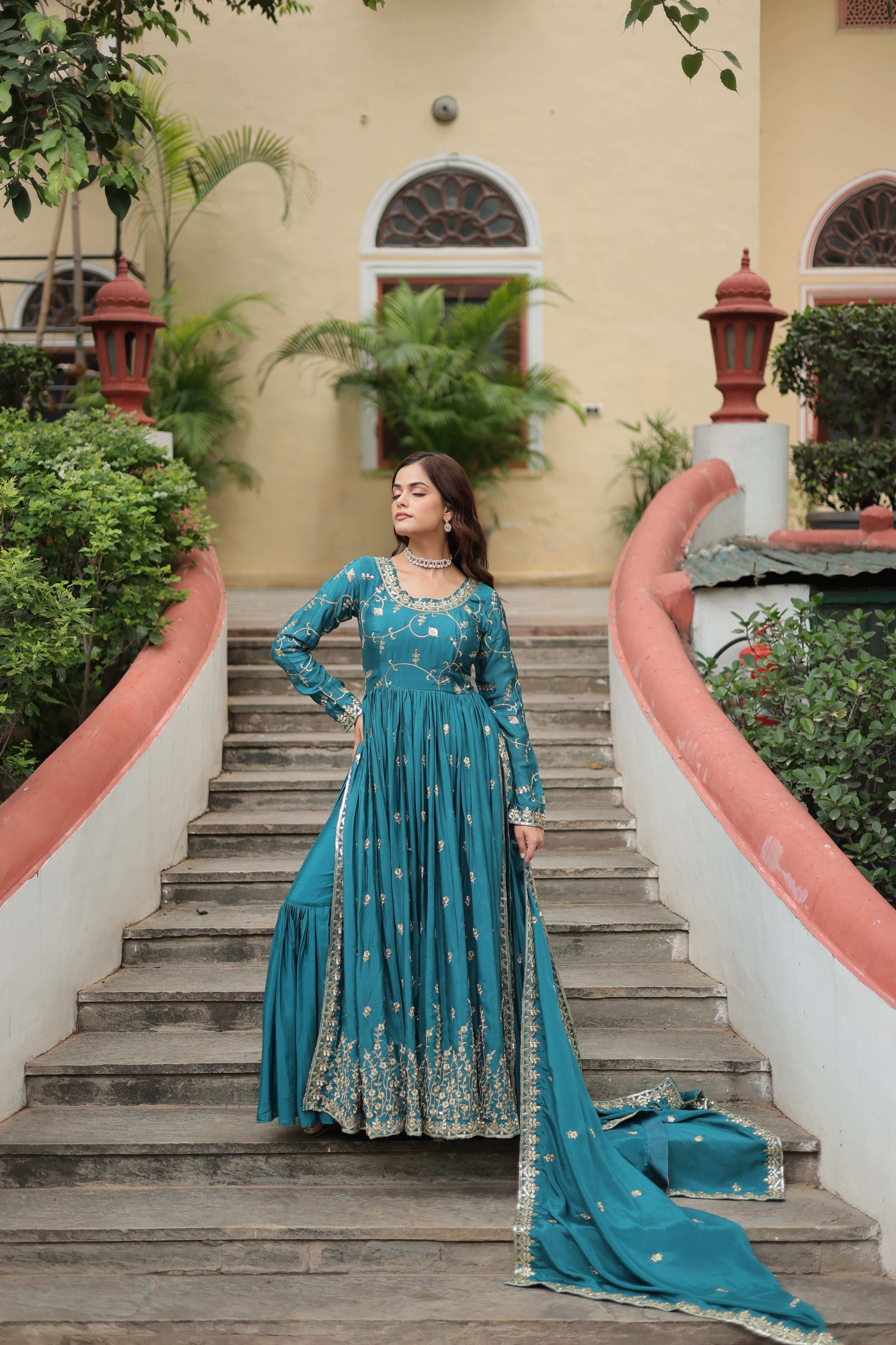 Jyoti Fashion Women's Rama Chinon Rich Sequins Embroidered Kurta Set with Dupatta - Distacart