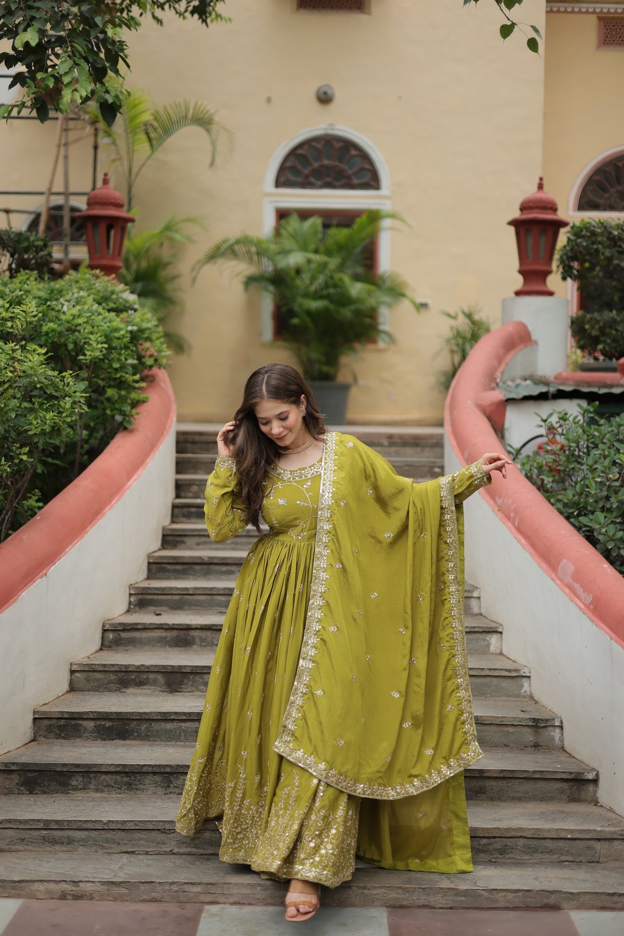 Jyoti Fashion Women's Mehendi Chinon Rich Sequins Embroidered Kurta Set with Dupatta