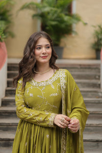 Thumbnail for Jyoti Fashion Women's Mehendi Chinon Rich Sequins Embroidered Kurta Set with Dupatta