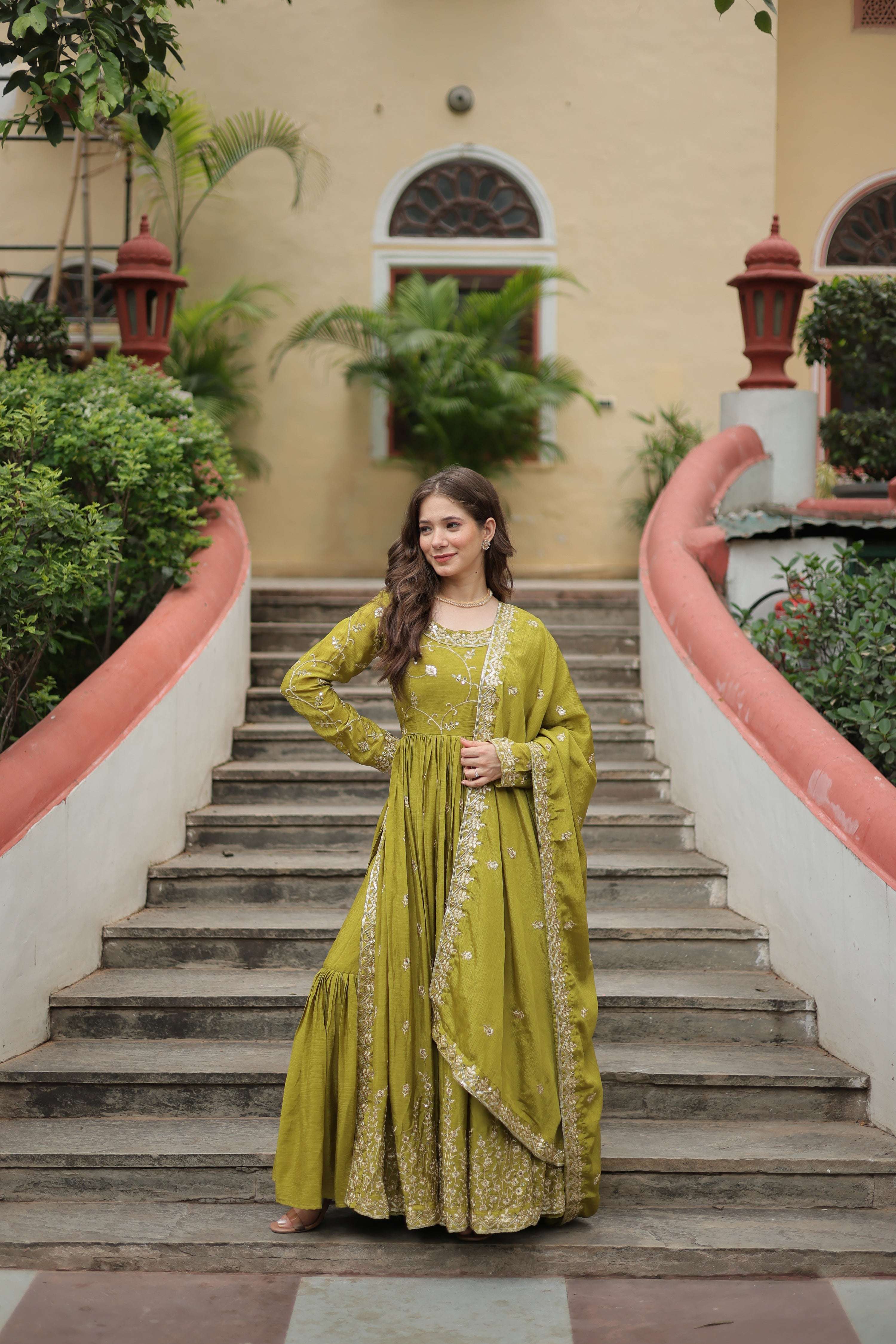 Jyoti Fashion Women's Mehendi Chinon Rich Sequins Embroidered Kurta Set with Dupatta - Distacart