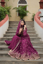 Thumbnail for Jyoti Fashion Women's Wine Chinon Rich Sequins Embroidered Kurta Set with Dupatta - Distacart