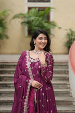 Thumbnail for Jyoti Fashion Women's Wine Chinon Rich Sequins Embroidered Kurta Set with Dupatta - Distacart