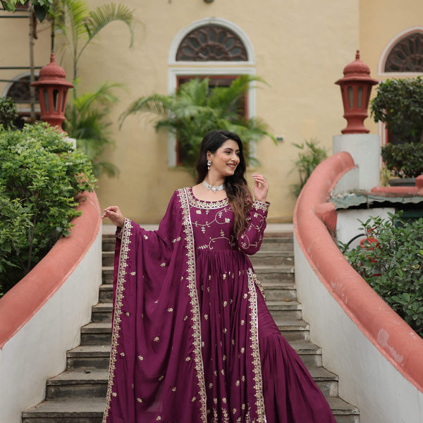 Jyoti Fashion Women's Wine Chinon Rich Sequins Embroidered Kurta Set with Dupatta - Distacart