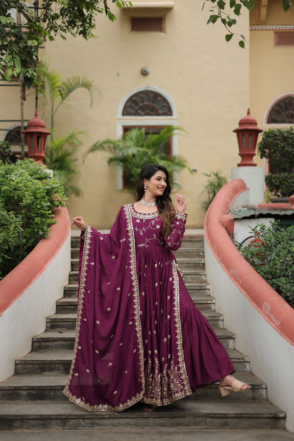 Jyoti Fashion Women's Wine Chinon Rich Sequins Embroidered Kurta Set with Dupatta - Distacart