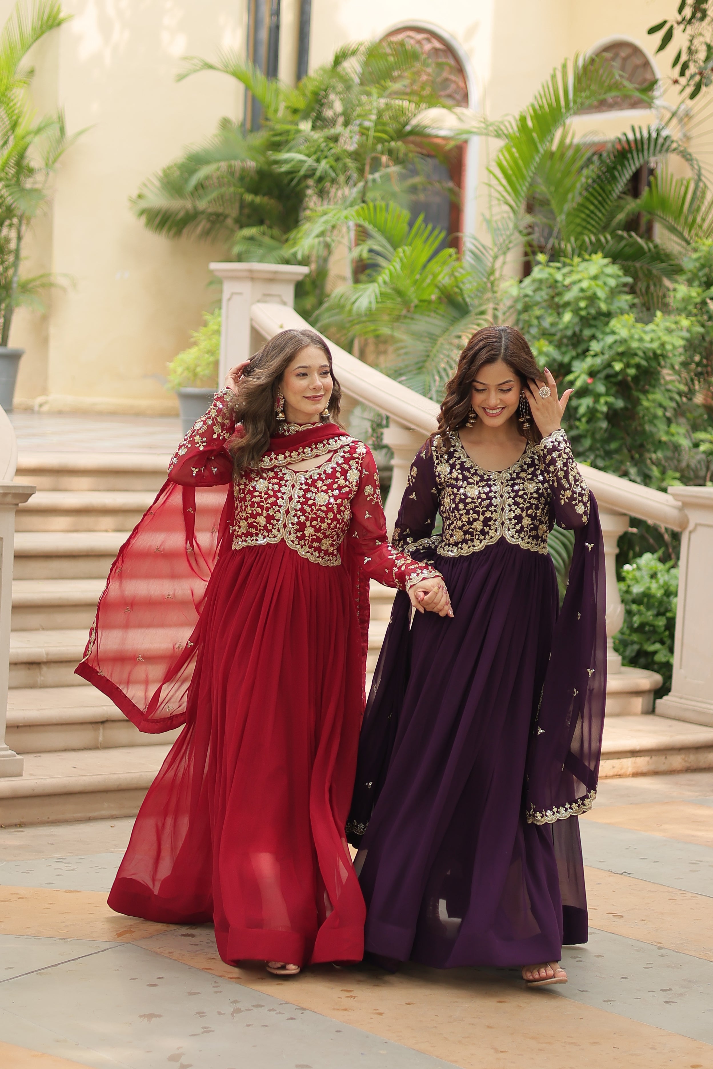 Jyoti Fashion Women's Maroon & Wine Faux Blooming Sequins Zari Embroidered Long Anarkali Combo Sets - Distacart