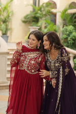 Thumbnail for Jyoti Fashion Women's Maroon & Wine Faux Blooming Sequins Zari Embroidered Long Anarkali Combo Sets - Distacart