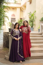 Thumbnail for Jyoti Fashion Women's Maroon & Wine Faux Blooming Sequins Zari Embroidered Long Anarkali Combo Sets - Distacart