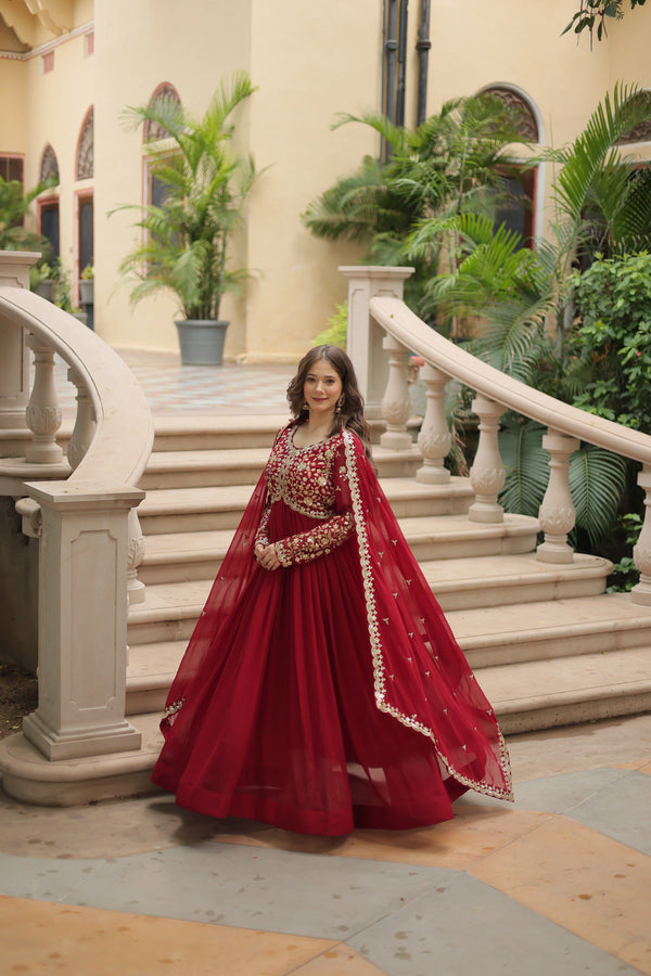 Jyoti Fashion Women's Maroon Faux Blooming Sequins Zari Embroidered Long Anarkali Sets - Distacart