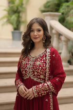 Thumbnail for Jyoti Fashion Women's Maroon Faux Blooming Sequins Zari Embroidered Long Anarkali Sets - Distacart