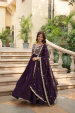 Thumbnail for Jyoti Fashion Women's Wine Faux Blooming Sequins Zari Embroidered Long Anarkali Sets - Distacart