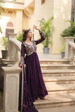 Thumbnail for Jyoti Fashion Women's Wine Faux Blooming Sequins Zari Embroidered Long Anarkali Sets - Distacart
