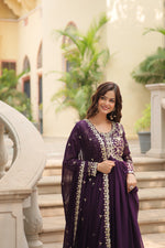 Thumbnail for Jyoti Fashion Women's Wine Faux Blooming Sequins Zari Embroidered Long Anarkali Sets - Distacart