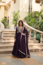 Thumbnail for Jyoti Fashion Women's Wine Faux Blooming Sequins Zari Embroidered Long Anarkali Sets - Distacart