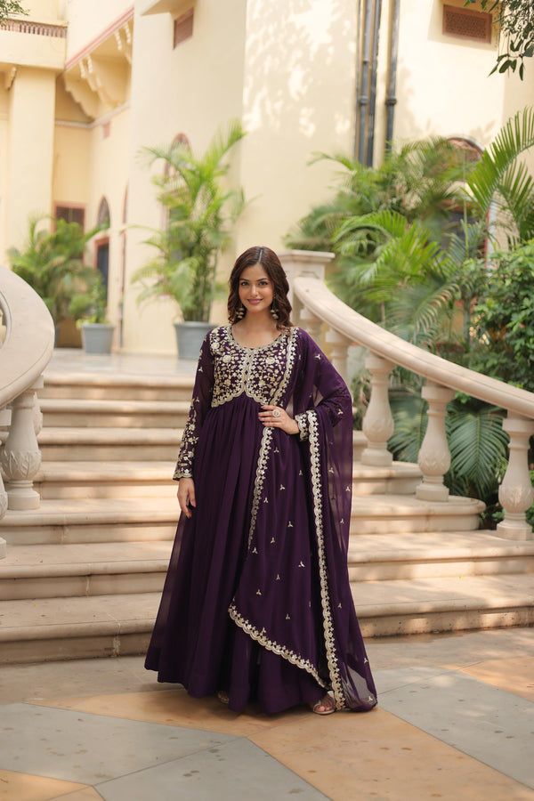 Jyoti Fashion Women's Wine Faux Blooming Sequins Zari Embroidered Long Anarkali Sets - Distacart