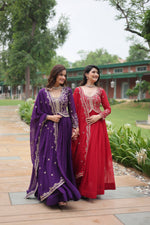 Thumbnail for Jyoti Fashion Women's Purple & Red Faux Blooming Sequins Zari Embroidered Long Anarkali Combo Sets - Distacart