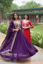 Thumbnail for Jyoti Fashion Women's Purple & Red Faux Blooming Sequins Zari Embroidered Long Anarkali Combo Sets - Distacart