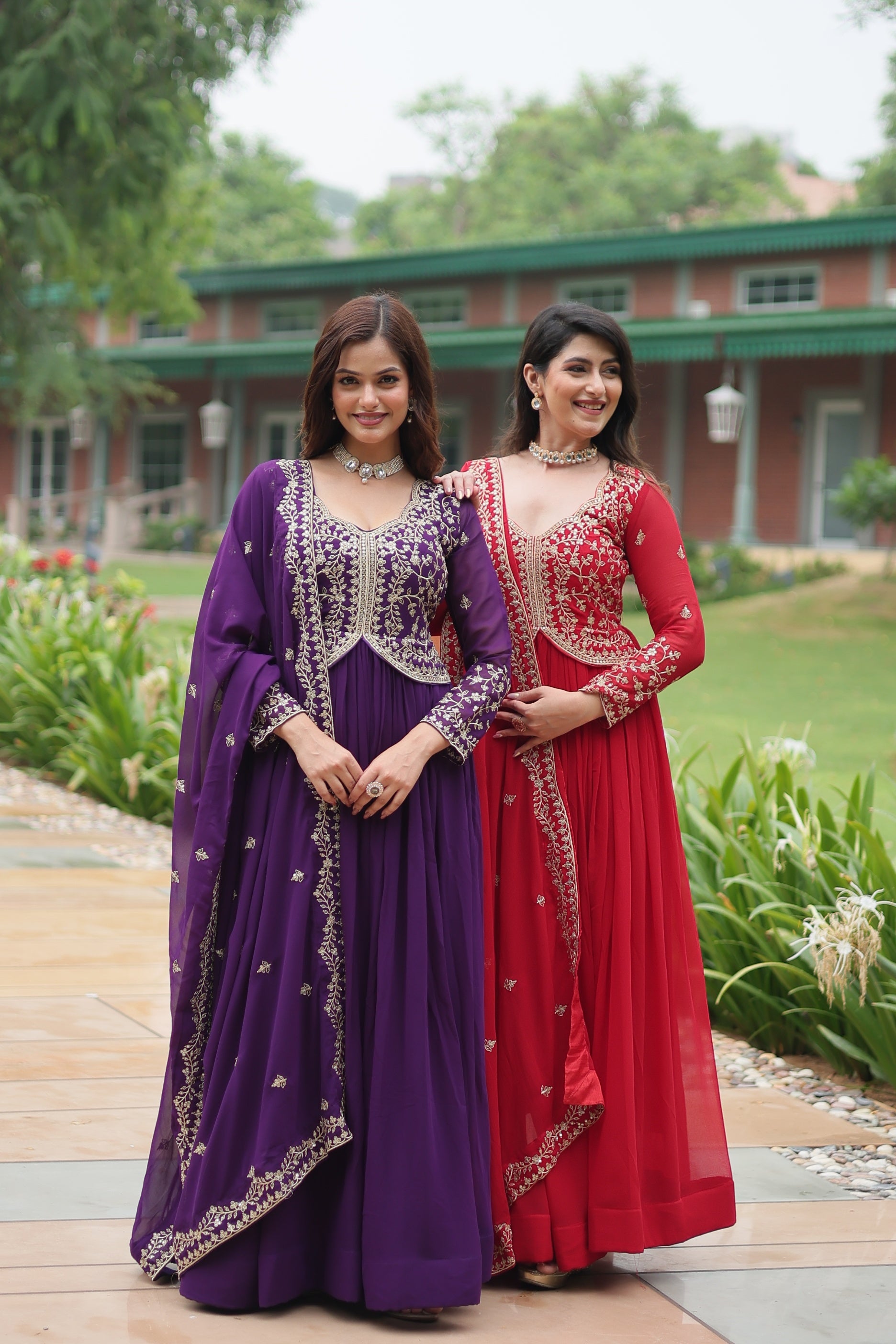 Jyoti Fashion Women's Purple & Red Faux Blooming Sequins Zari Embroidered Long Anarkali Combo Sets - Distacart