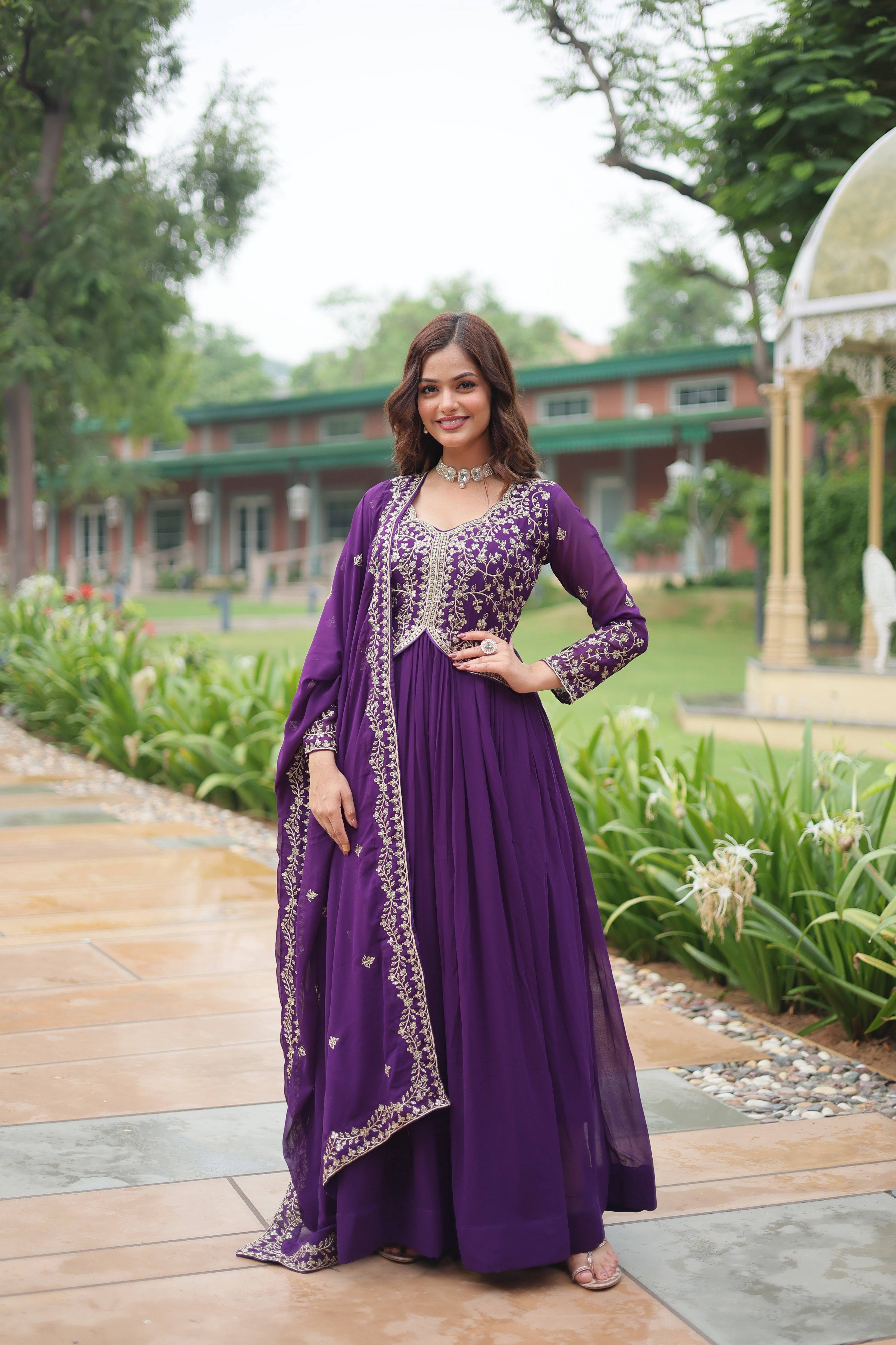 Jyoti Fashion Women's Purple Faux Blooming Sequins Zari Embroidered Long Anarkali Sets - Distacart