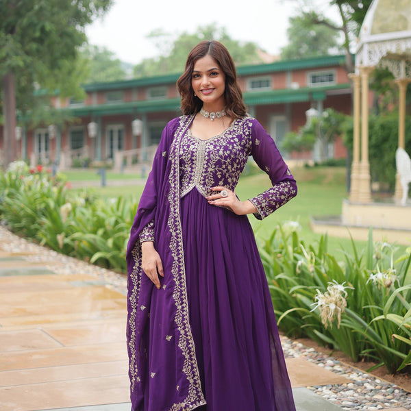 Jyoti Fashion Women's Purple Faux Blooming Sequins Zari Embroidered Long Anarkali Sets - Distacart