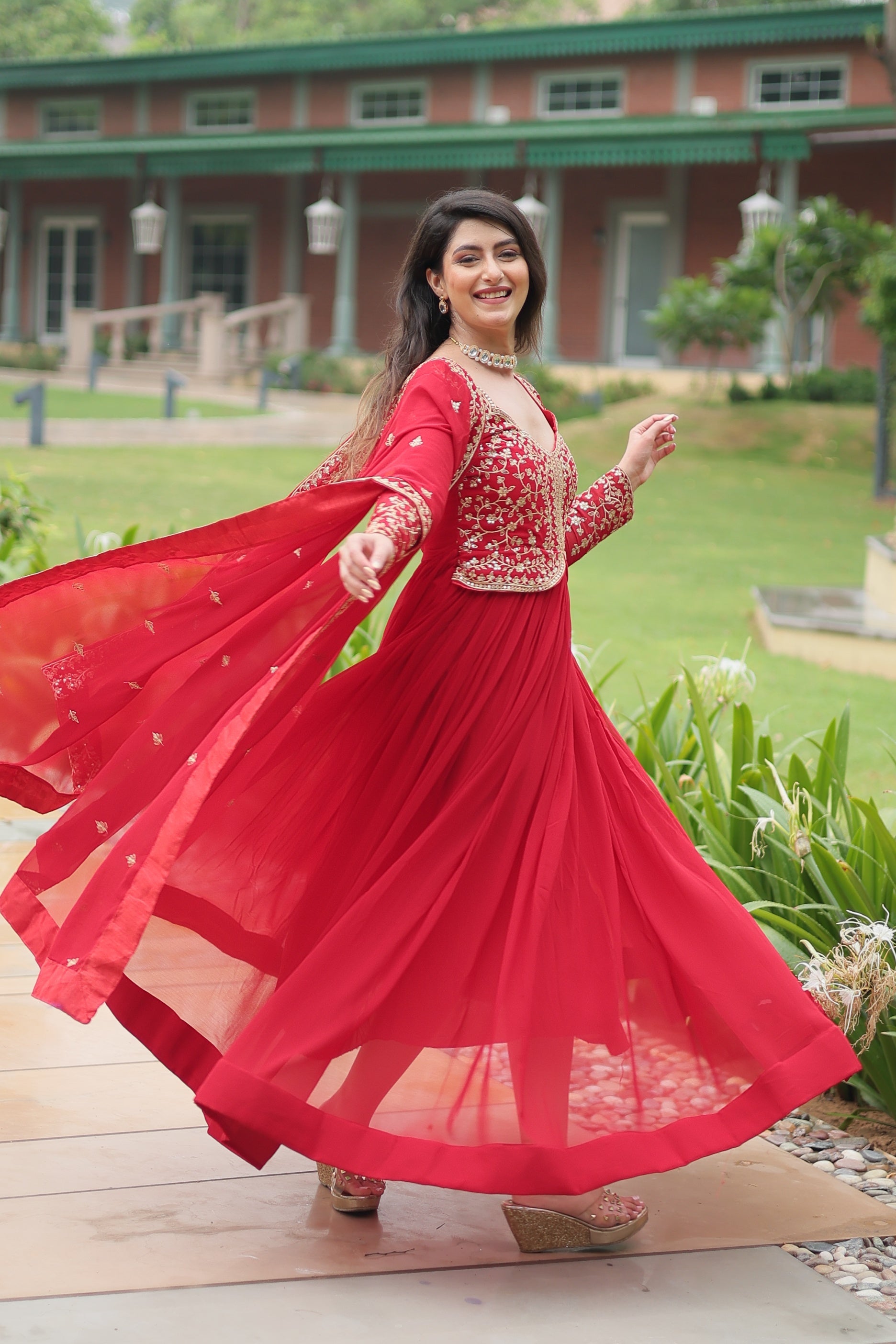 Jyoti Fashion Women's Red Faux Blooming Sequins Zari Embroidered Long Anarkali Sets - Distacart