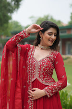 Thumbnail for Jyoti Fashion Women's Red Faux Blooming Sequins Zari Embroidered Long Anarkali Sets - Distacart