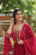 Thumbnail for Jyoti Fashion Women's Rani Pink Faux Blooming Sequins Zari Embroidered Long Anarkali Sets - Distacart