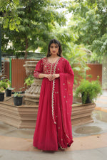Thumbnail for Jyoti Fashion Women's Rani Pink Faux Blooming Sequins Zari Embroidered Long Anarkali Sets - Distacart