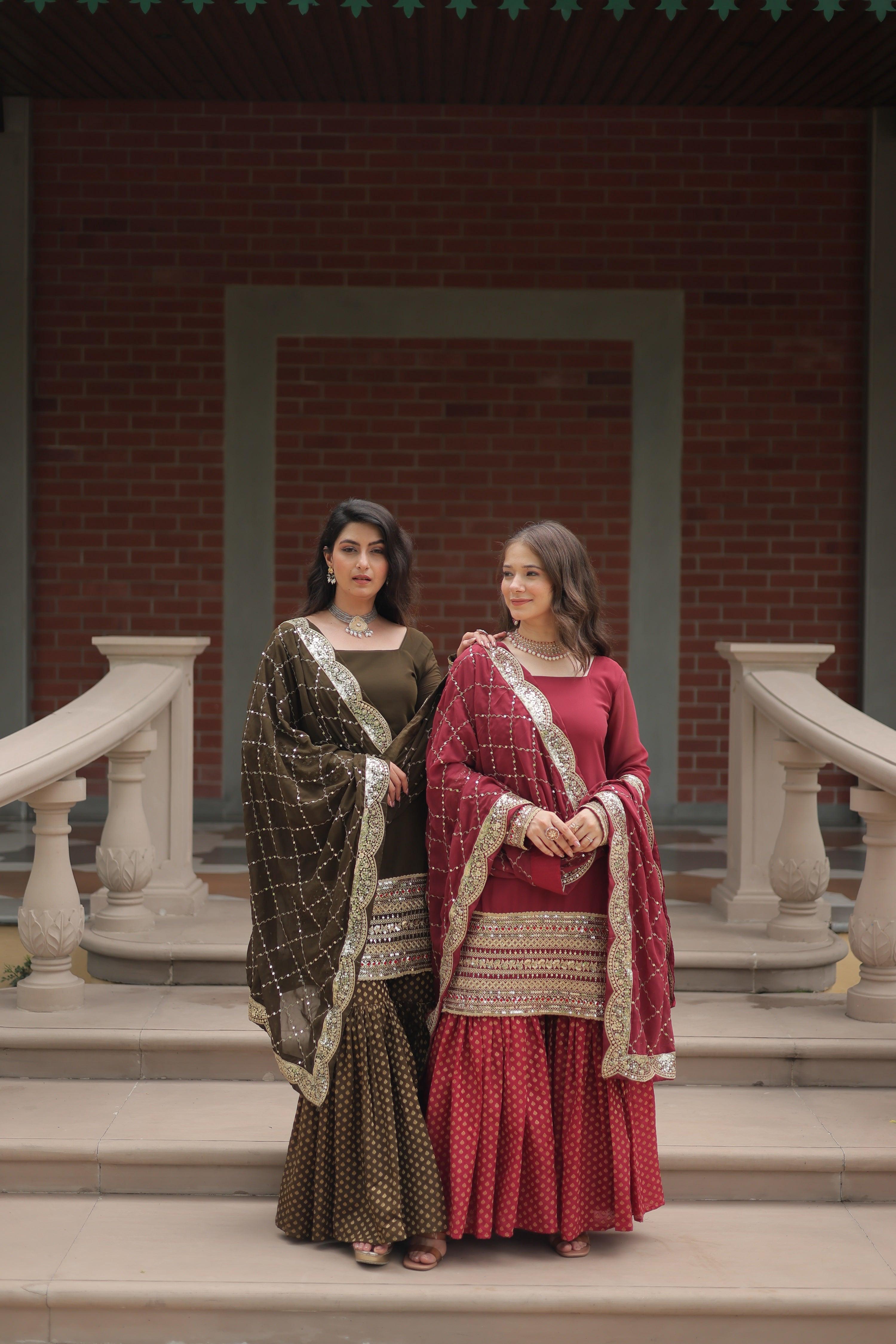 Jyoti Fashion Women's Olive Green & Gajri Faux Georgette Sequins Thread Embroidered Combo Kurta Set with Dupatta - Distacart