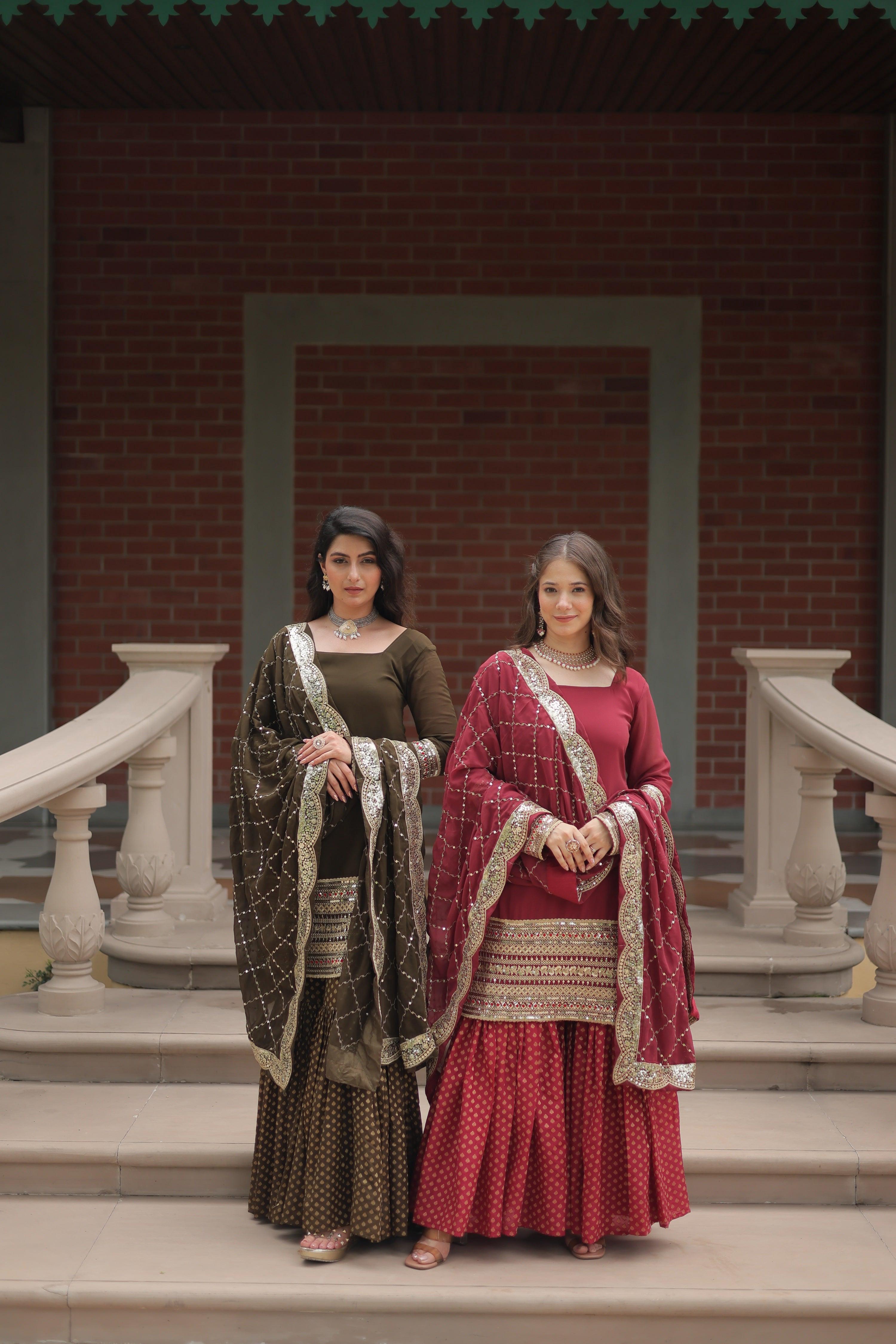 Jyoti Fashion Women's Olive Green & Gajri Faux Georgette Sequins Thread Embroidered Combo Kurta Set with Dupatta - Distacart