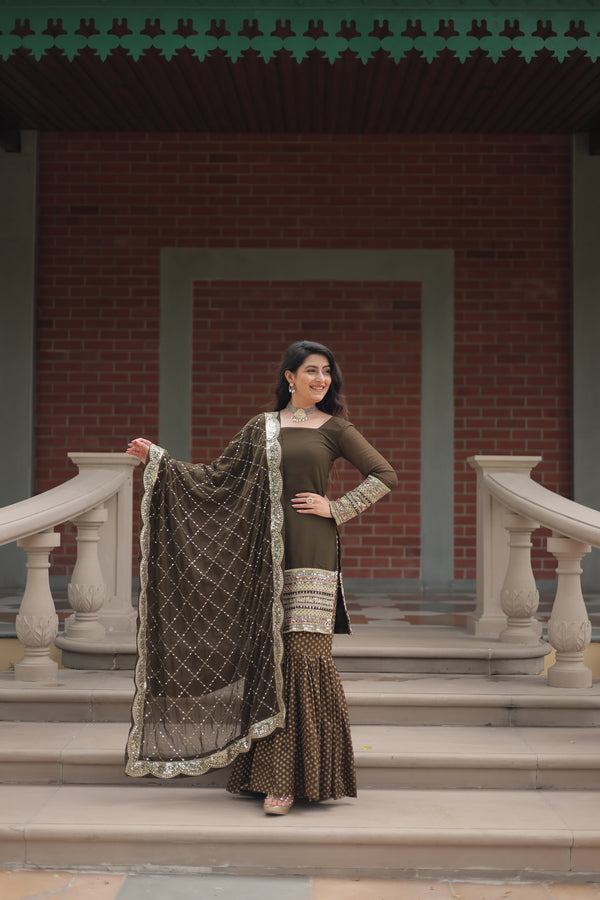 Jyoti Fashion Women's Olive Green Faux Georgette Sequins Thread Embroidered Kurta Set with Dupatta - Distacart