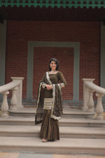 Thumbnail for Jyoti Fashion Women's Olive Green Faux Georgette Sequins Thread Embroidered Kurta Set with Dupatta - Distacart