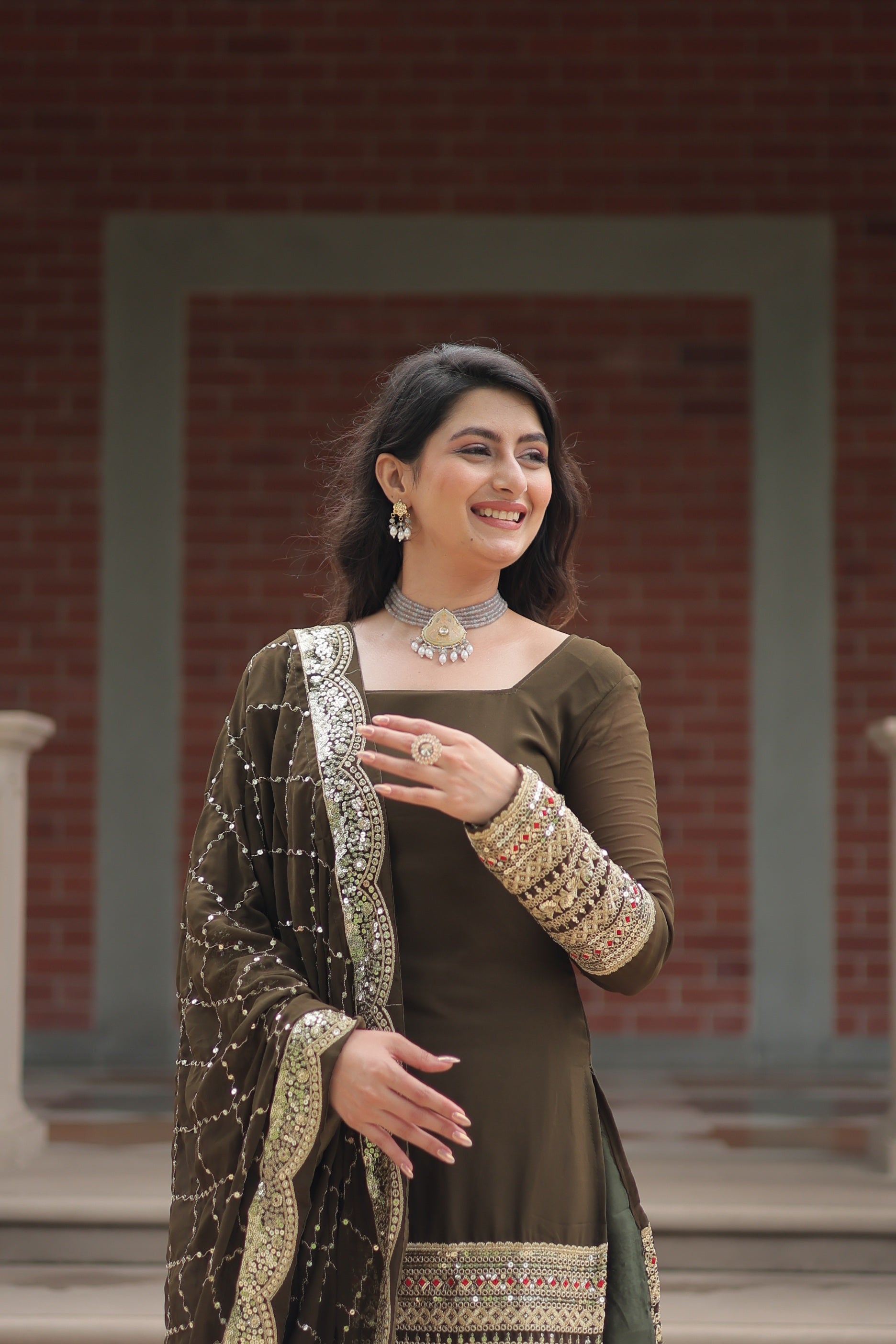 Jyoti Fashion Women's Olive Green Faux Georgette Sequins Thread Embroidered Kurta Set with Dupatta - Distacart