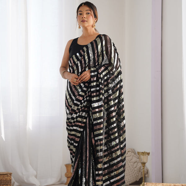 Jyoti Fashion Women's Black Georgette Multi Sequins Designer Saree with Blouse - Distacart