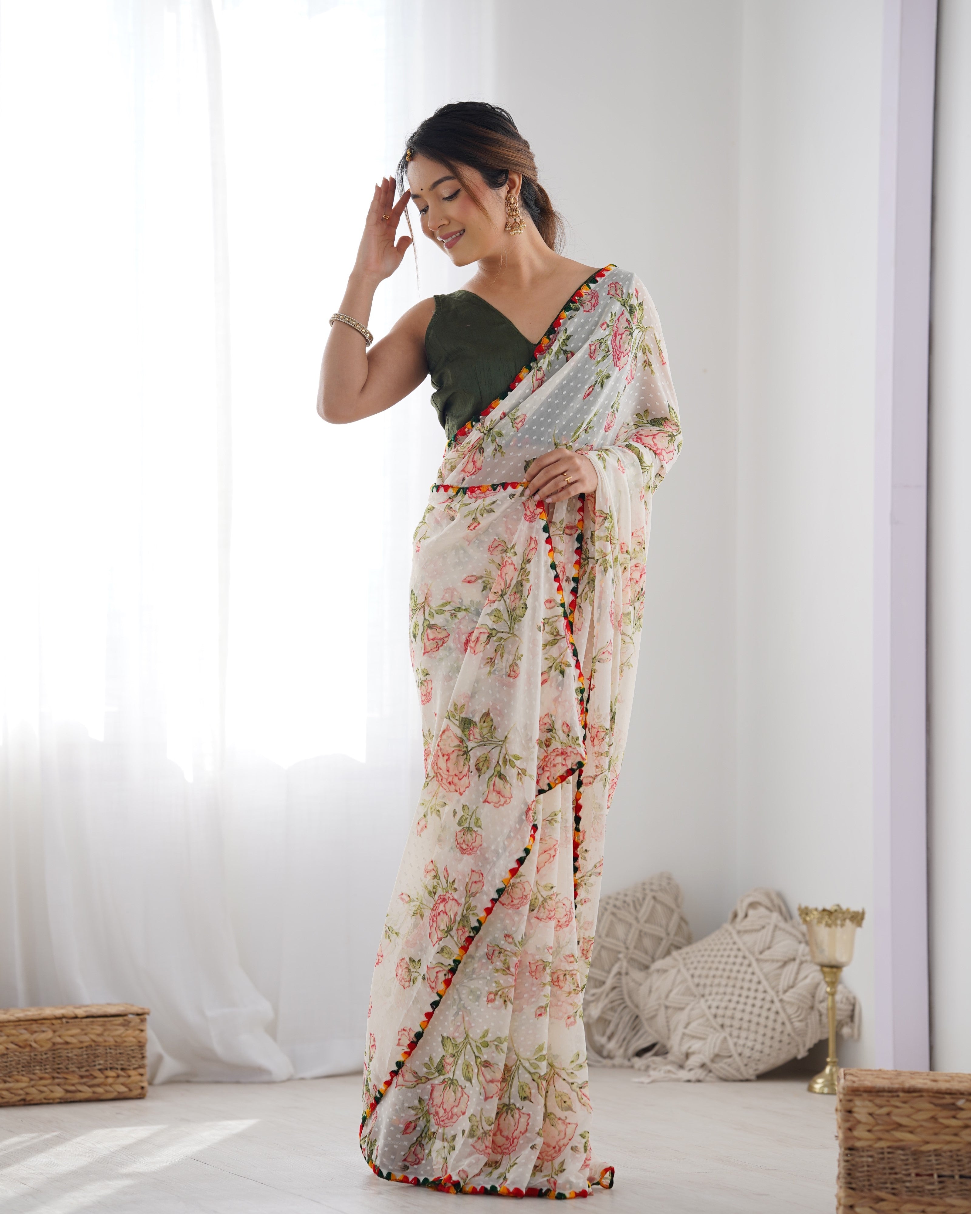 Jyoti Fashion Women's Off-White Georgette Printed Designer Saree with Blouse - Distacart