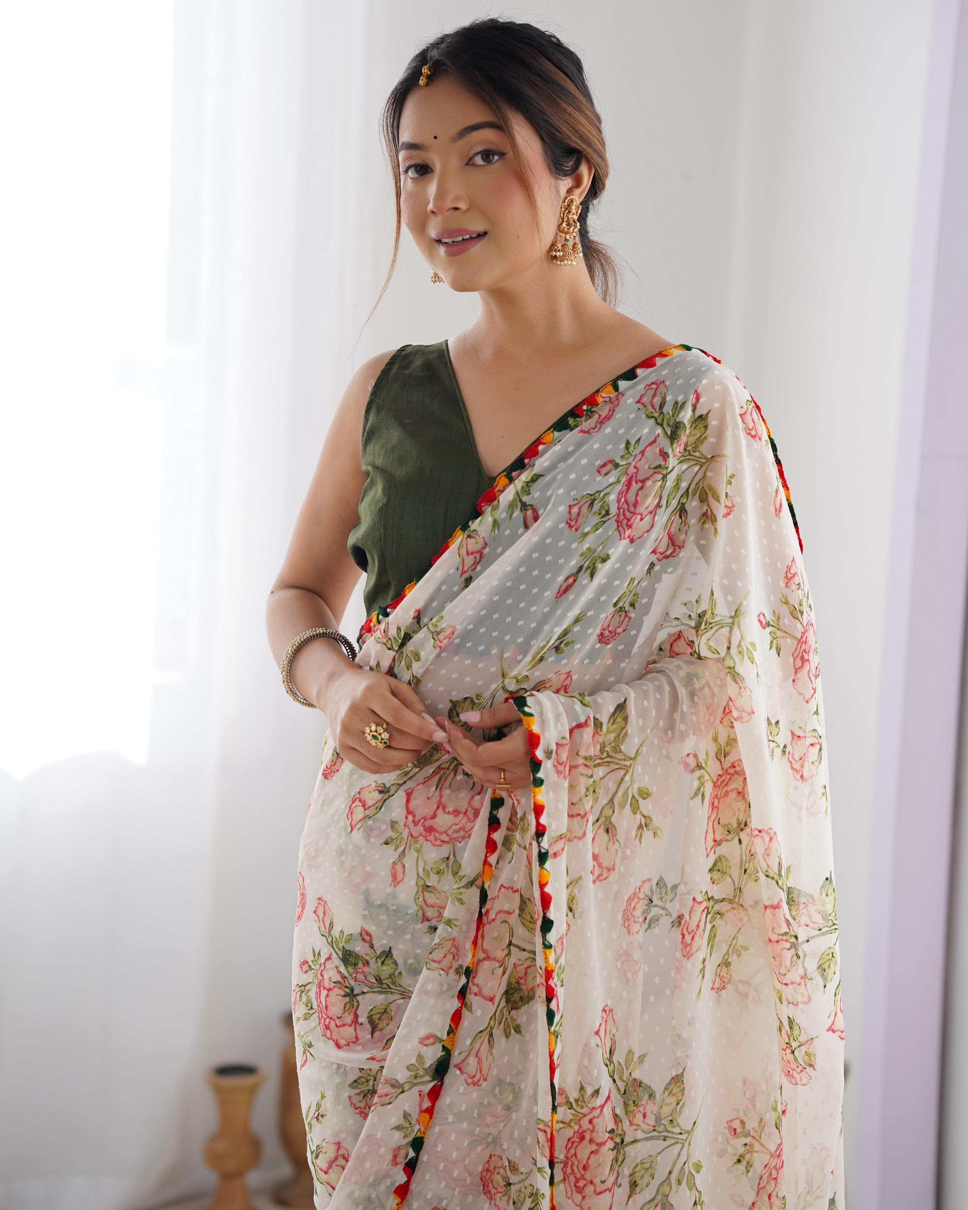 Jyoti Fashion Women's Off-White Georgette Printed Designer Saree with Blouse - Distacart