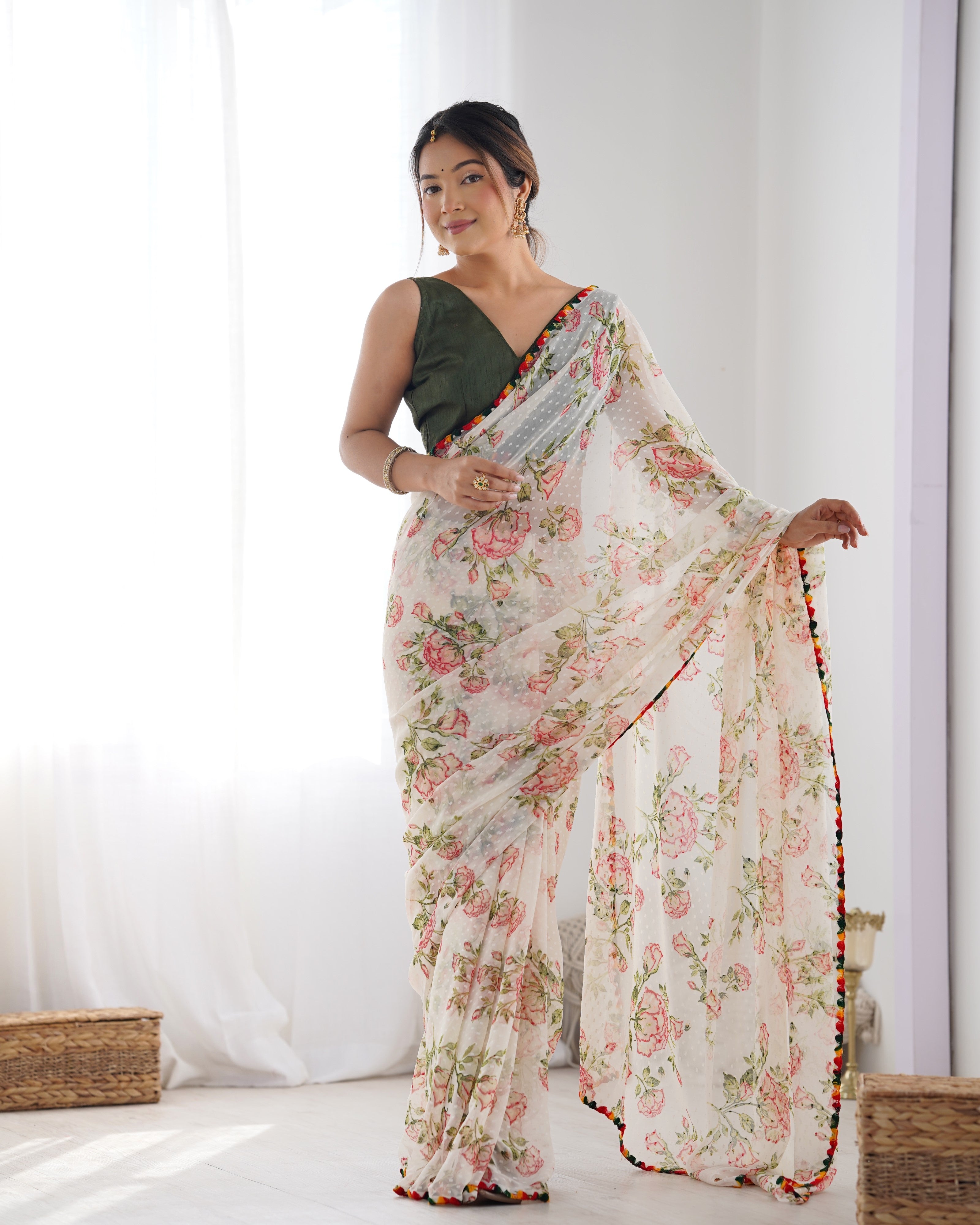 Jyoti Fashion Women's Off-White Georgette Printed Designer Saree with Blouse - Distacart