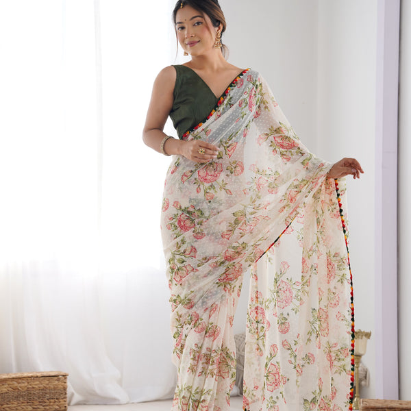Jyoti Fashion Women's Off-White Georgette Printed Designer Saree with Blouse - Distacart