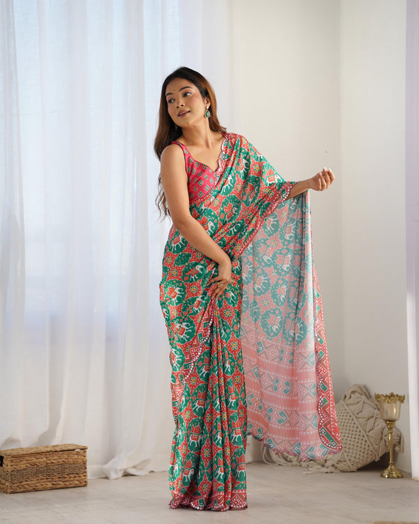 Jyoti Fashion Women's Green Chinon Print with Mirror Work Designer Saree with Blouse - Distacart