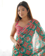 Thumbnail for Jyoti Fashion Women's Green Chinon Print with Mirror Work Designer Saree with Blouse - Distacart