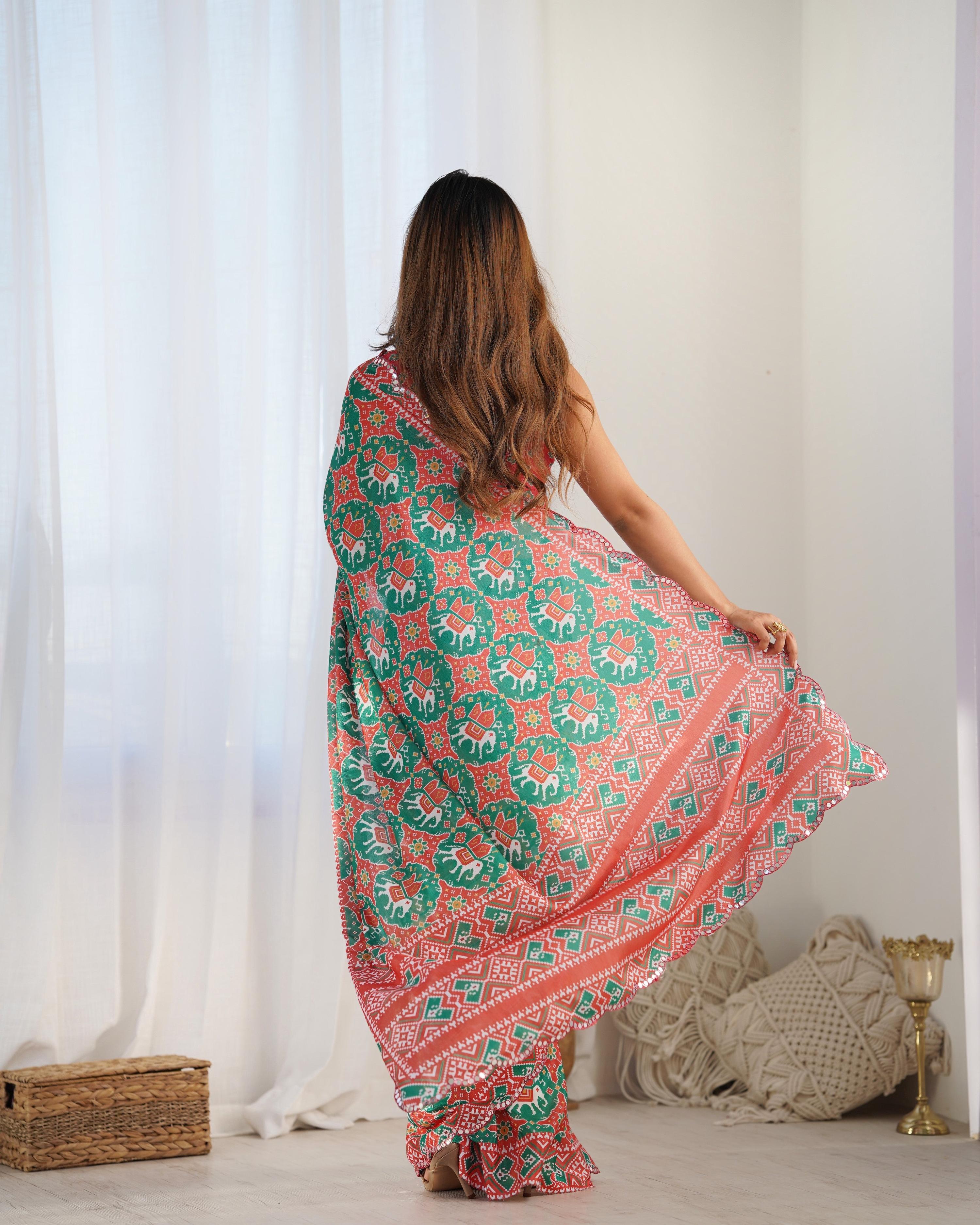 Jyoti Fashion Women's Green Chinon Print with Mirror Work Designer Saree with Blouse - Distacart