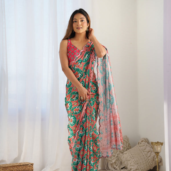 Jyoti Fashion Women's Green Chinon Print with Mirror Work Designer Saree with Blouse - Distacart