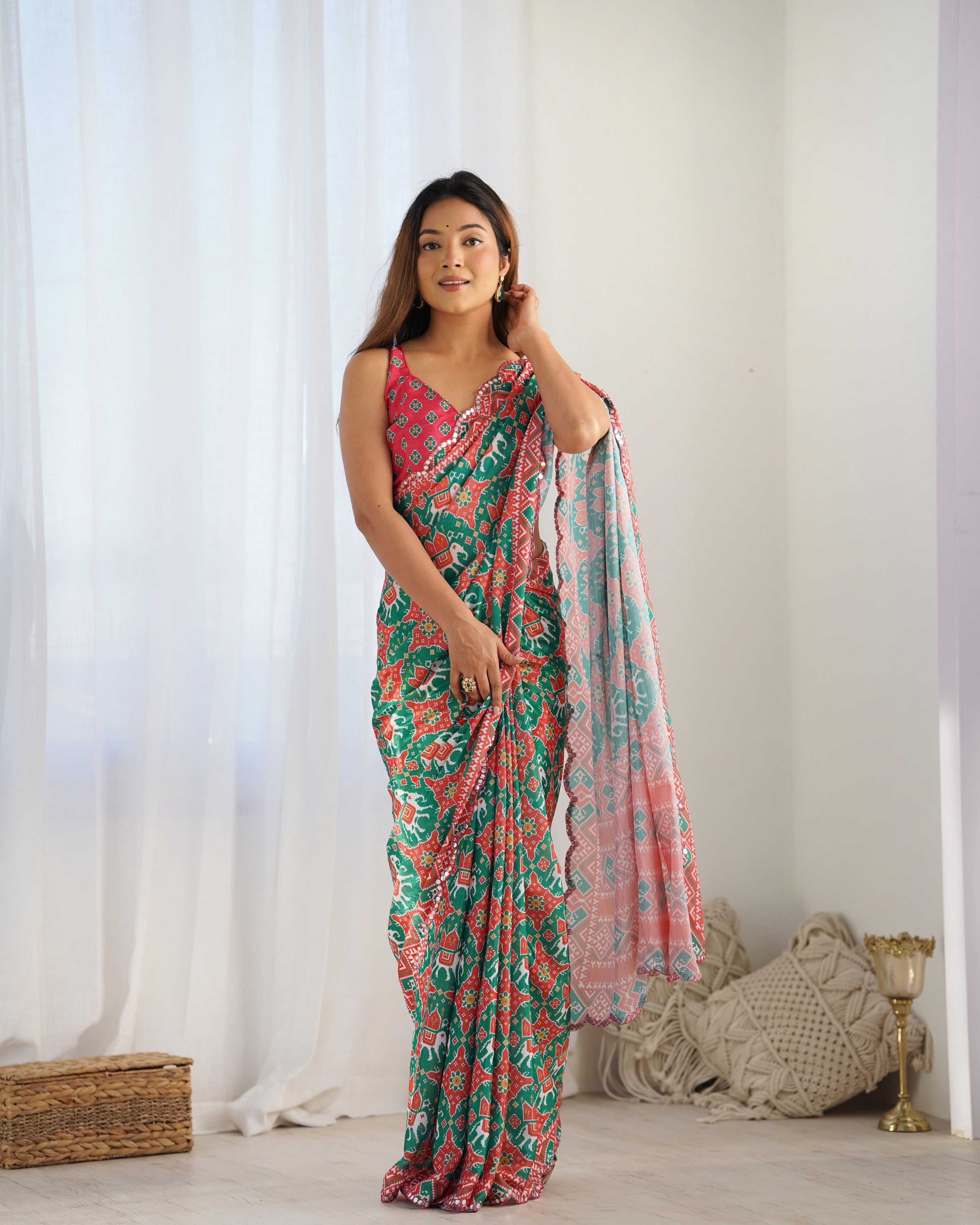 Jyoti Fashion Women's Green Chinon Print with Mirror Work Designer Saree with Blouse - Distacart
