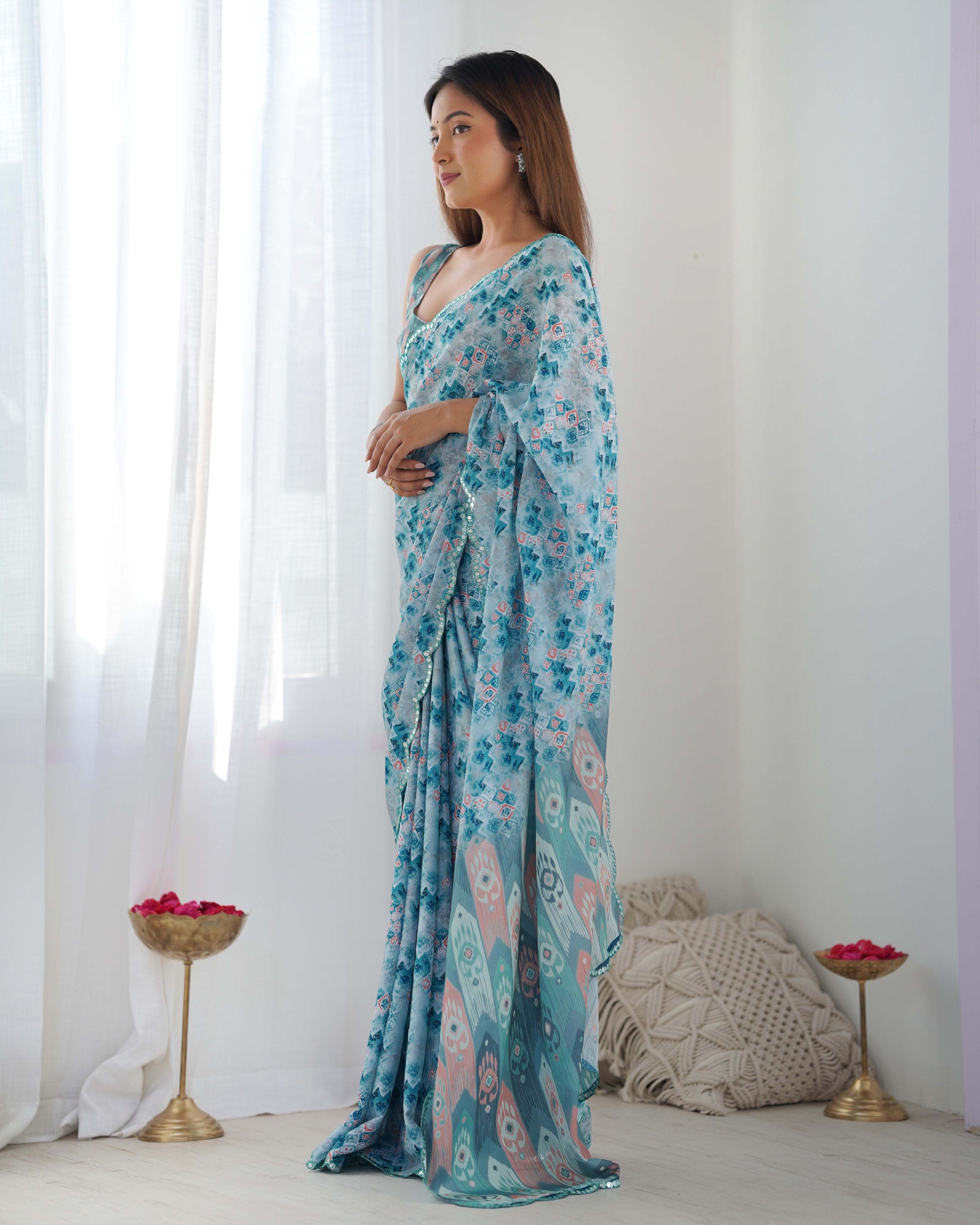 Jyoti Fashion Women's Sky Blue Chinon Print with Mirror Work Designer Saree with Blouse - Distacart