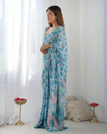 Thumbnail for Jyoti Fashion Women's Sky Blue Chinon Print with Mirror Work Designer Saree with Blouse - Distacart