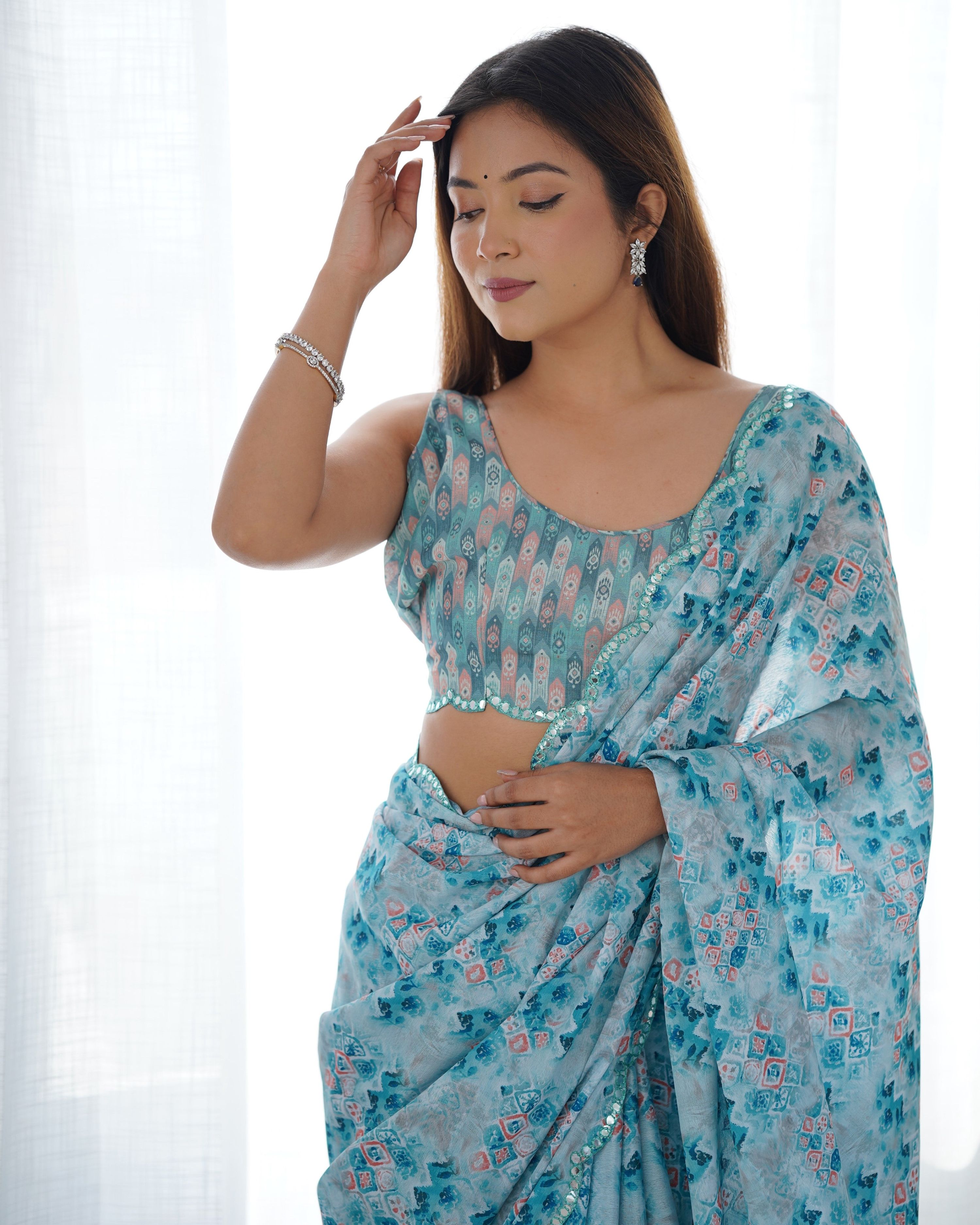 Jyoti Fashion Women's Sky Blue Chinon Print with Mirror Work Designer Saree with Blouse - Distacart