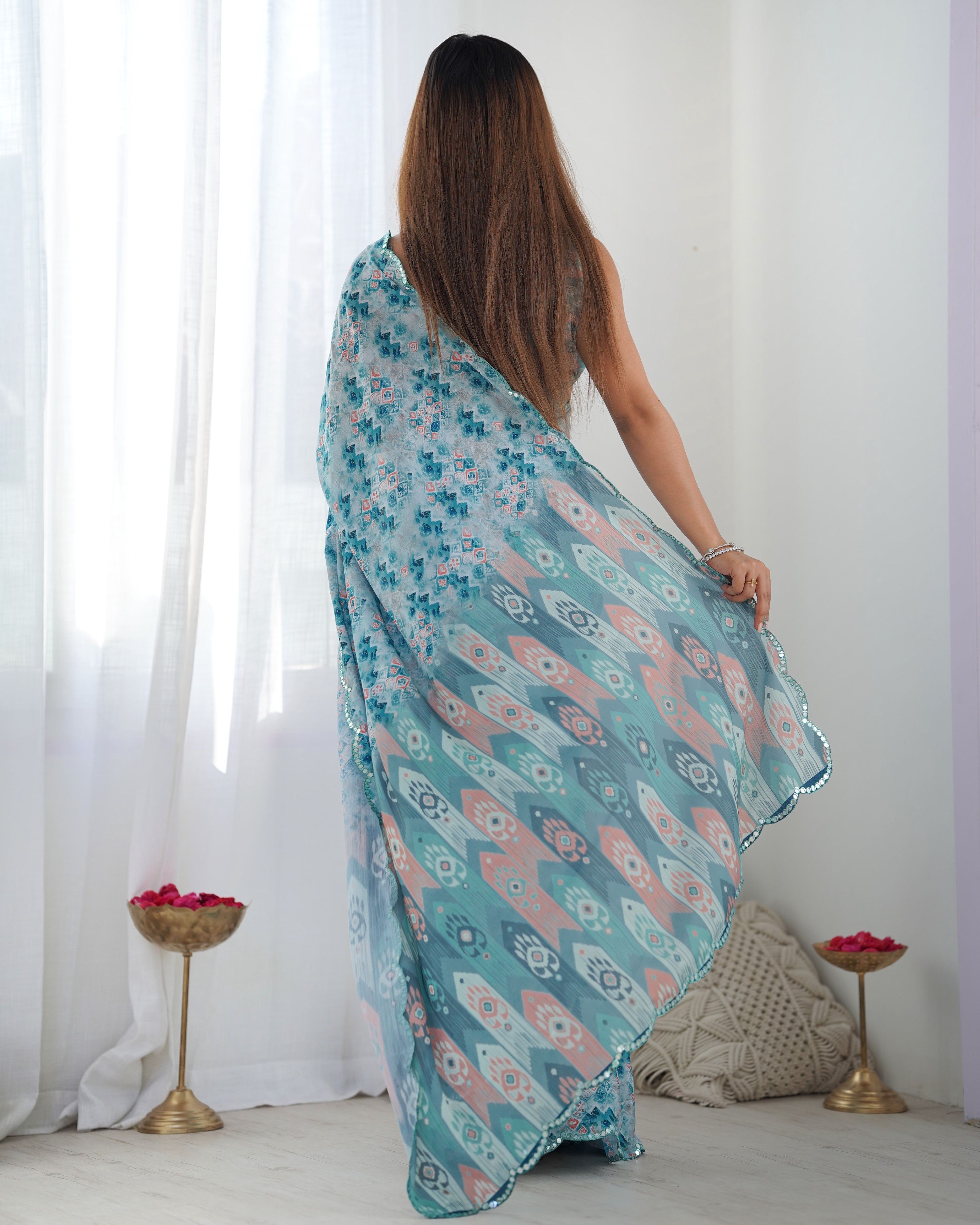 Jyoti Fashion Women's Sky Blue Chinon Print with Mirror Work Designer Saree with Blouse - Distacart