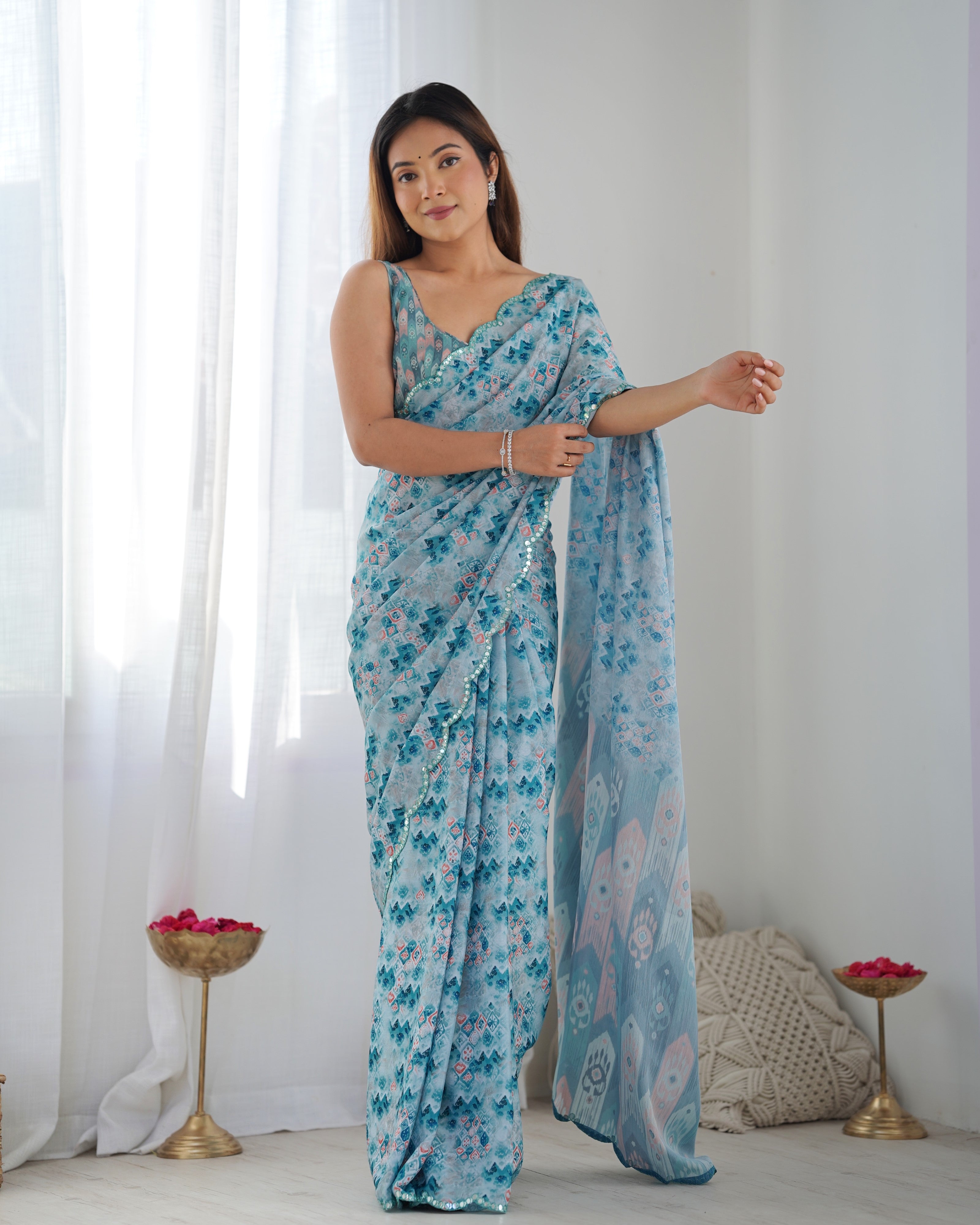 Jyoti Fashion Women's Sky Blue Chinon Print with Mirror Work Designer Saree with Blouse - Distacart