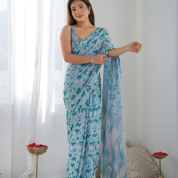 Jyoti Fashion Women's Sky Blue Chinon Print with Mirror Work Designer Saree with Blouse - Distacart