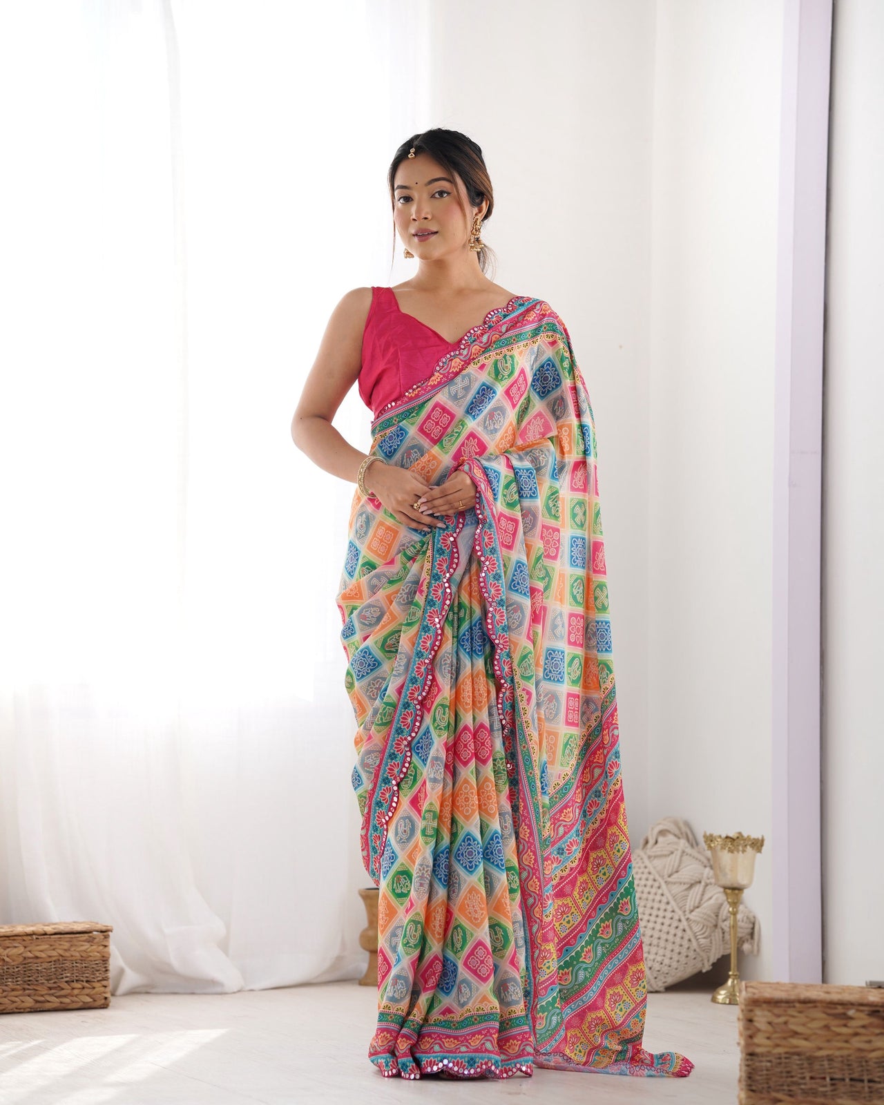 Jyoti Fashion Women's Multicolor Chinon Print with Mirror Work Designer Saree with Blouse - Distacart